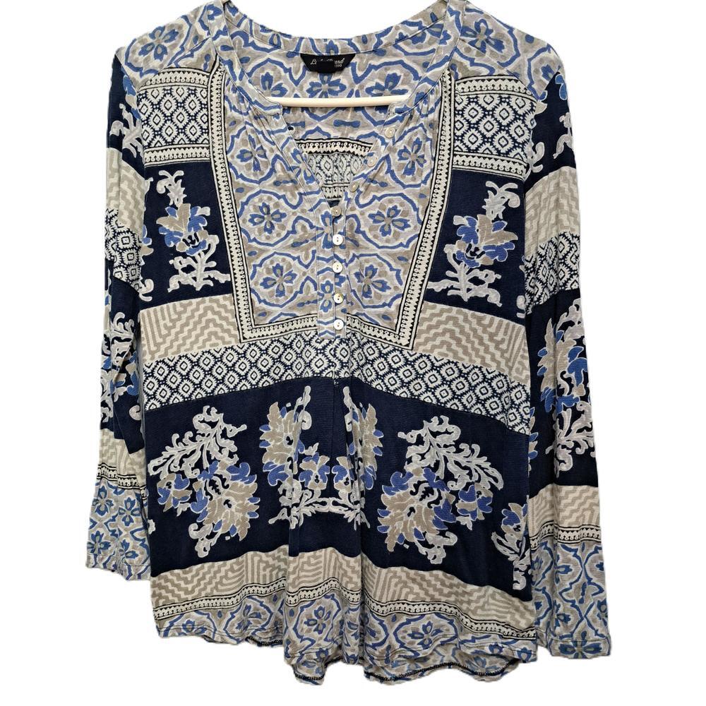 Lucky Brand Blue Print Long Sleeve Button Front Pullover Boho Top Size Medium